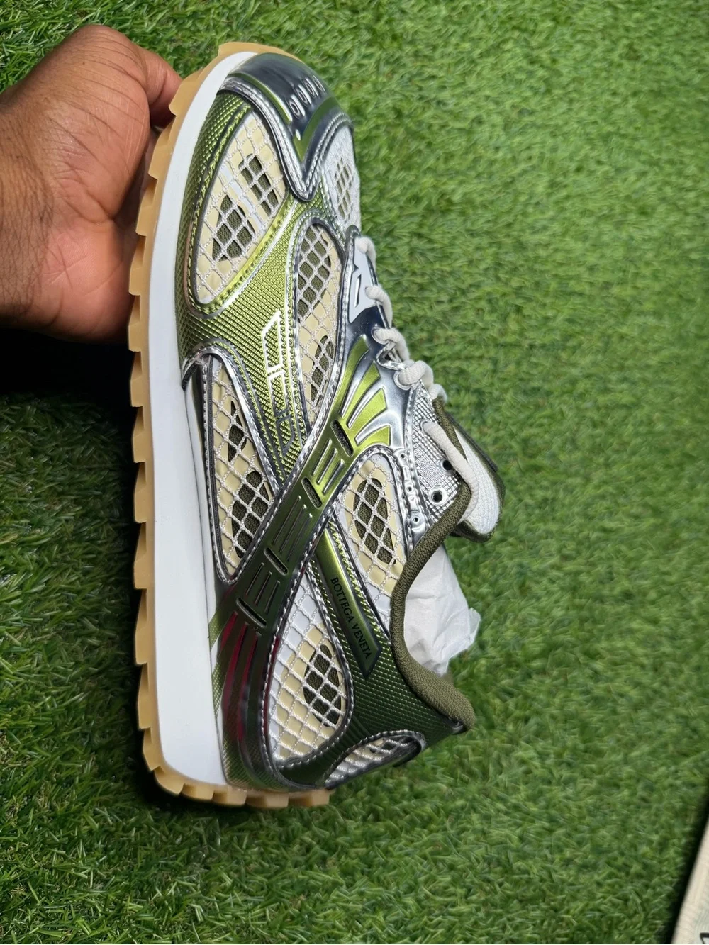 Bottega Veneta Olive Green and Silver Mesh Runner Sneakers